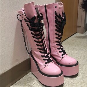 Demonia Swing-150 holo pink calf high boots, size 9